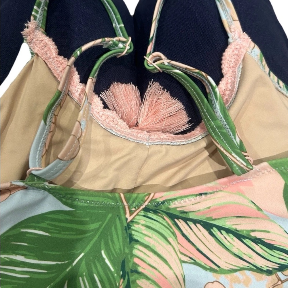 Tropical Leaf & Blossom One-Piece Swimsuit — Pink & Green - Picture 2 of 3